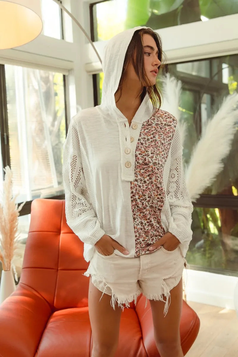 BiBi Slub Jersey with Lace Combo Buttoned Hoodie Top - Tigbul's Variety Fashion Shop