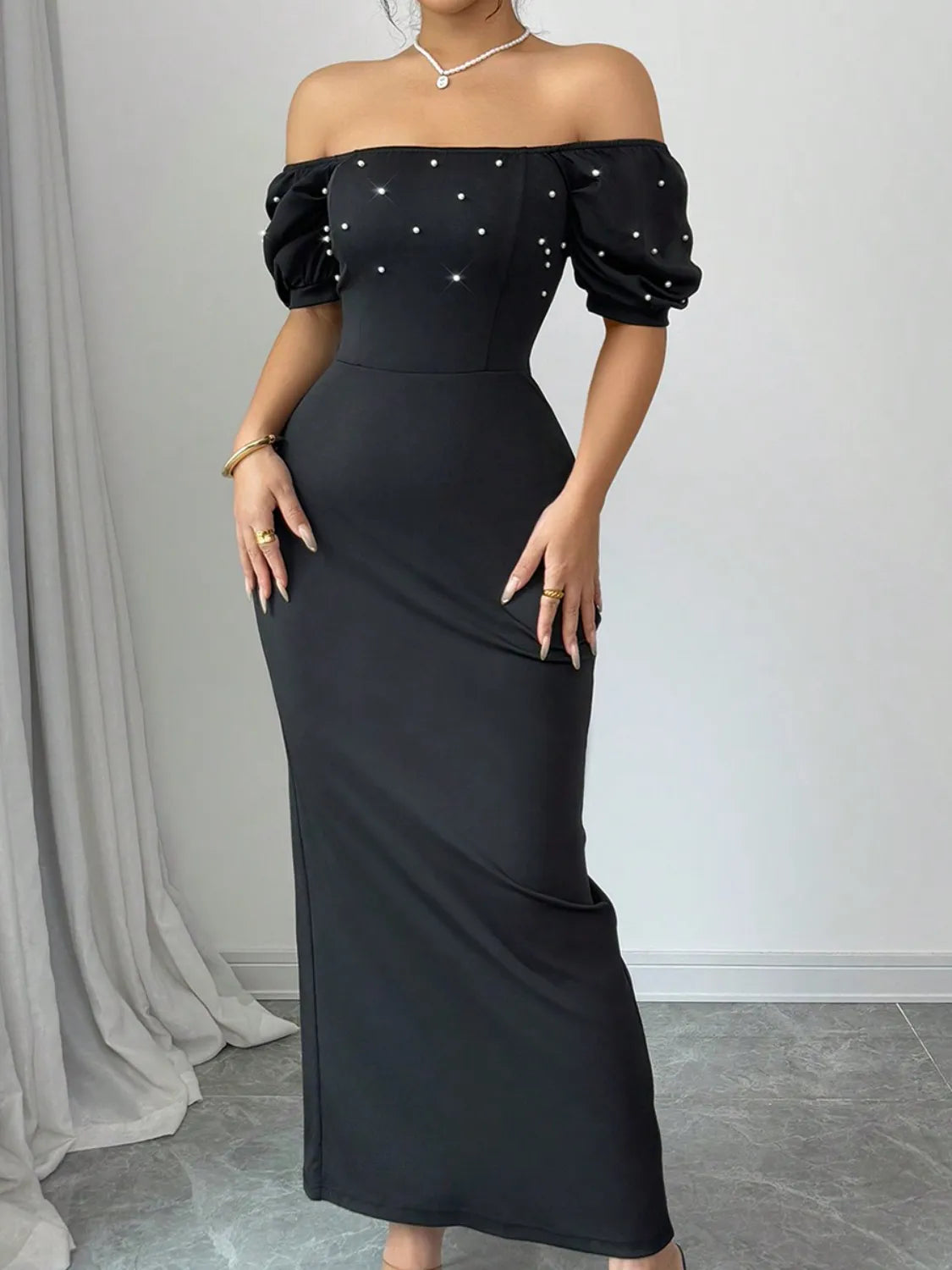 Off Shoulder Short Sleeve Maxi Dress - Tigbul's Variety Fashion Shop