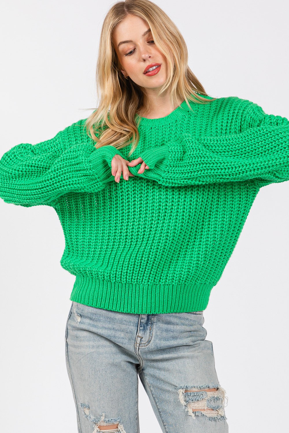 Green Round Neck Drop Shoulder Sweater - Tigbul's Variety Fashion Shop