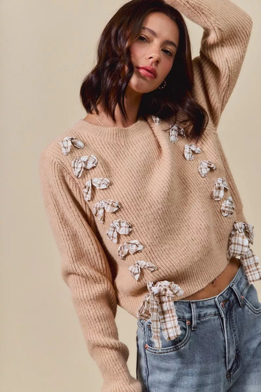 SO ME Checkered Plaid Tape Lace Up Ribbed Sweater - Tigbul's Variety Fashion Shop