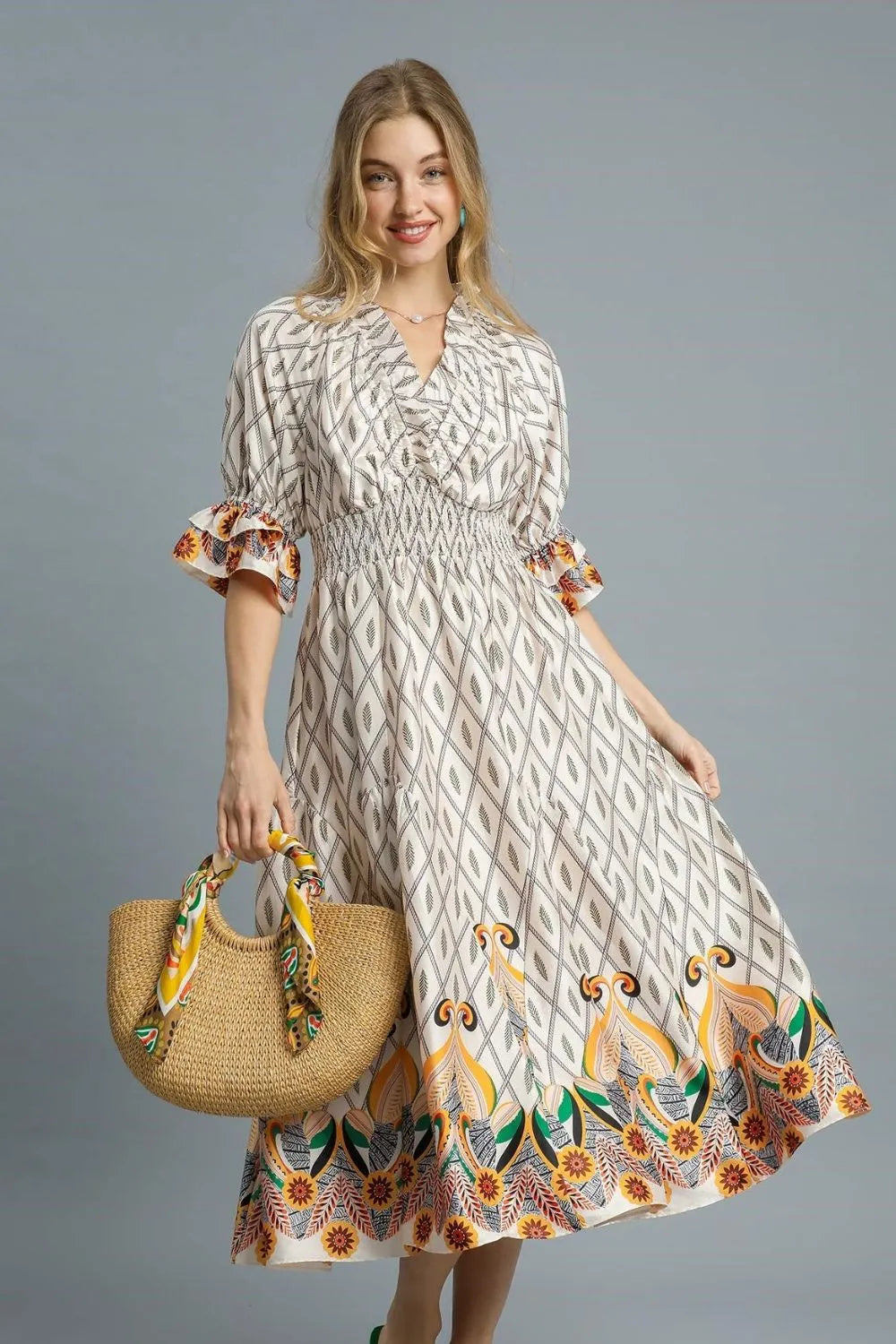 Umgee Printed Smocked Waist Flounce Sleeve Midi Dress - Tigbul's Variety Fashion Shop