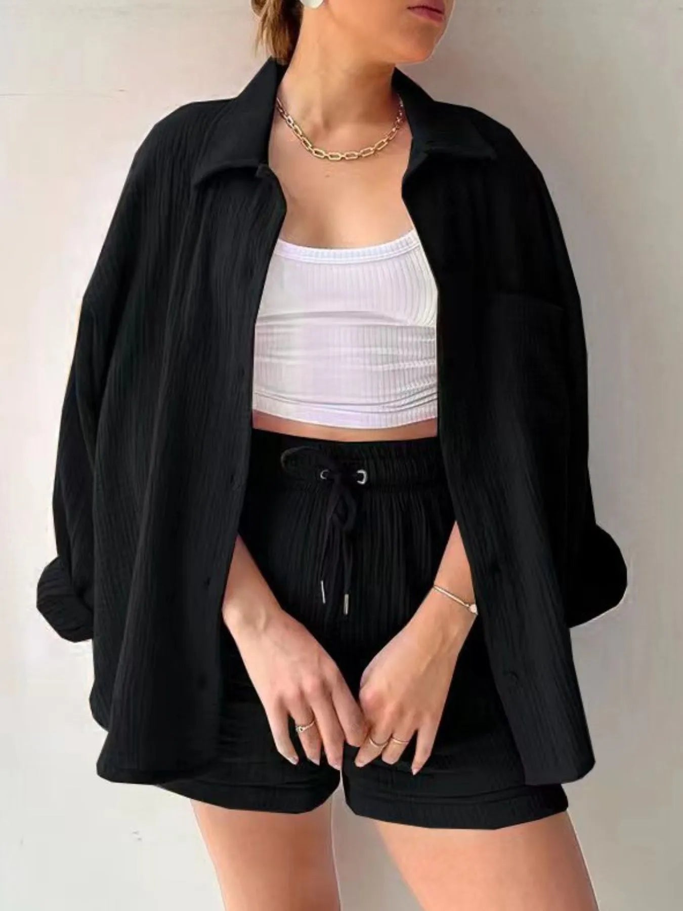 Textured Button Up Shirt and Shorts Set - Tigbul's Variety Fashion Shop
