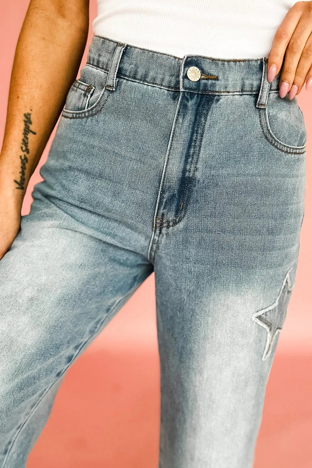Star Embroidered High Waist Wide Leg Jeans - Tigbul's Variety Fashion Shop