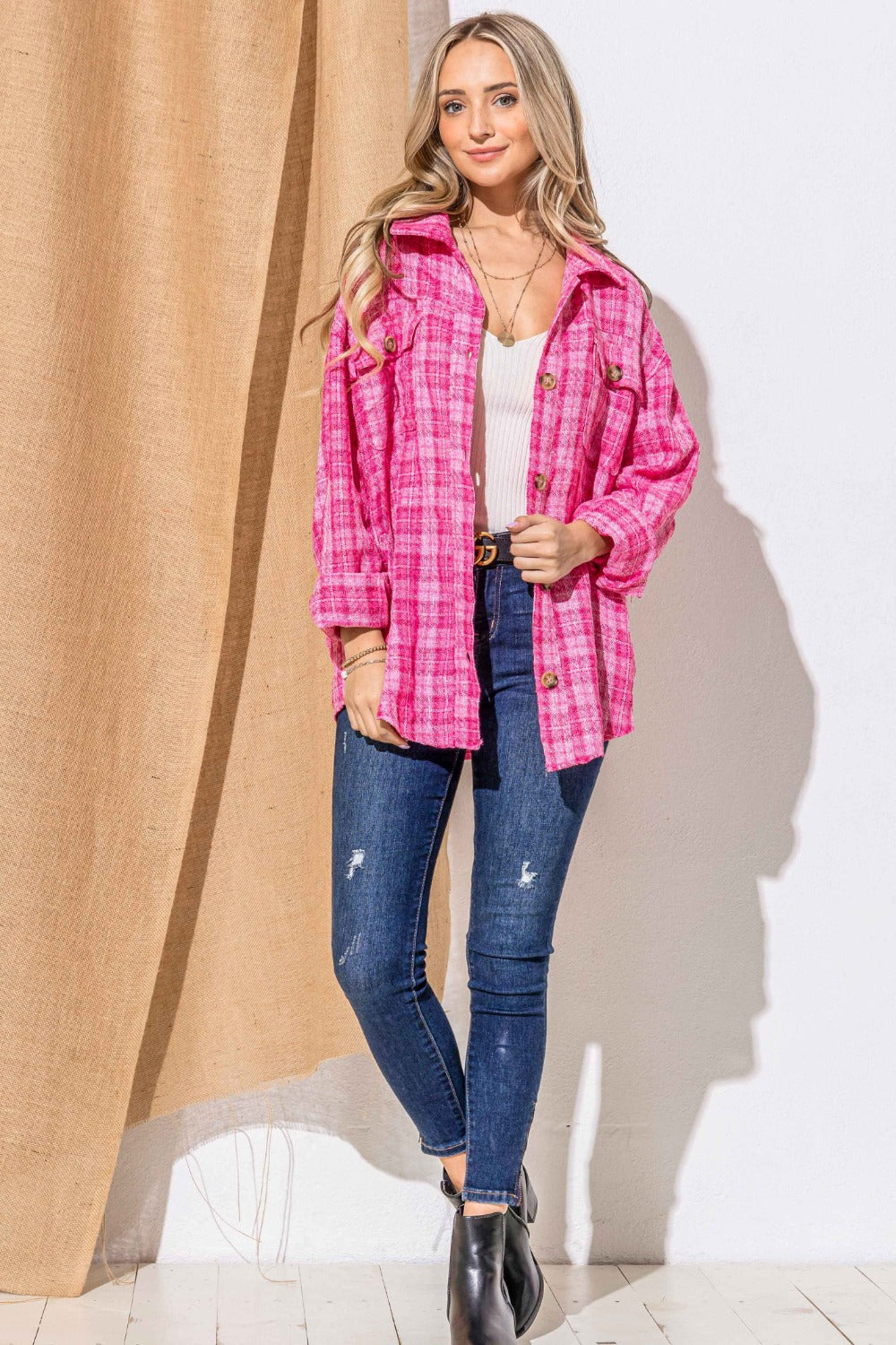 Fuchsia Tweed Button Down Long Sleeve Shacket - Tigbul's Variety Fashion Shop
