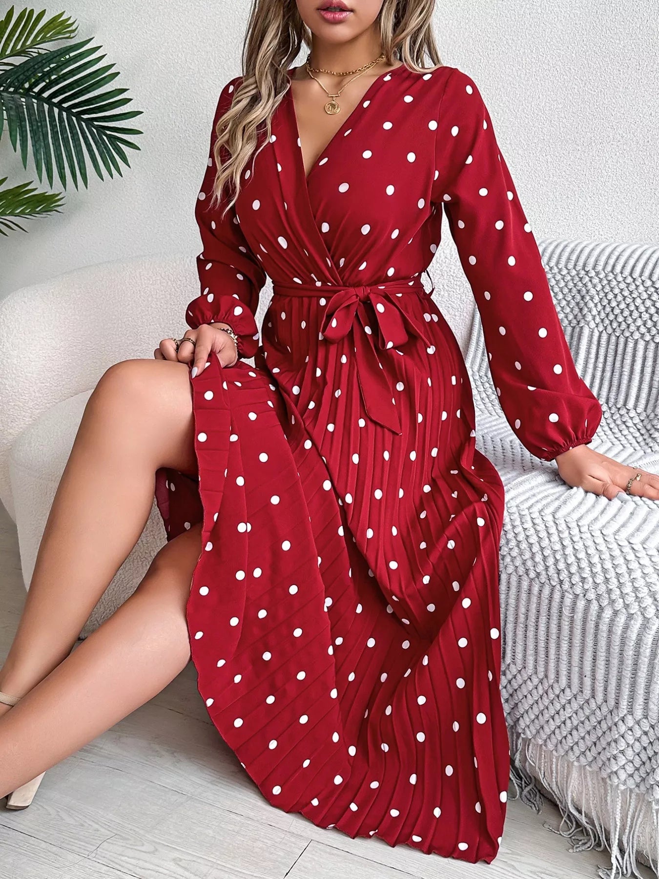 Front Tie Polka Dot Midi Pleated Dress - Tigbul's Variety Fashion Shop