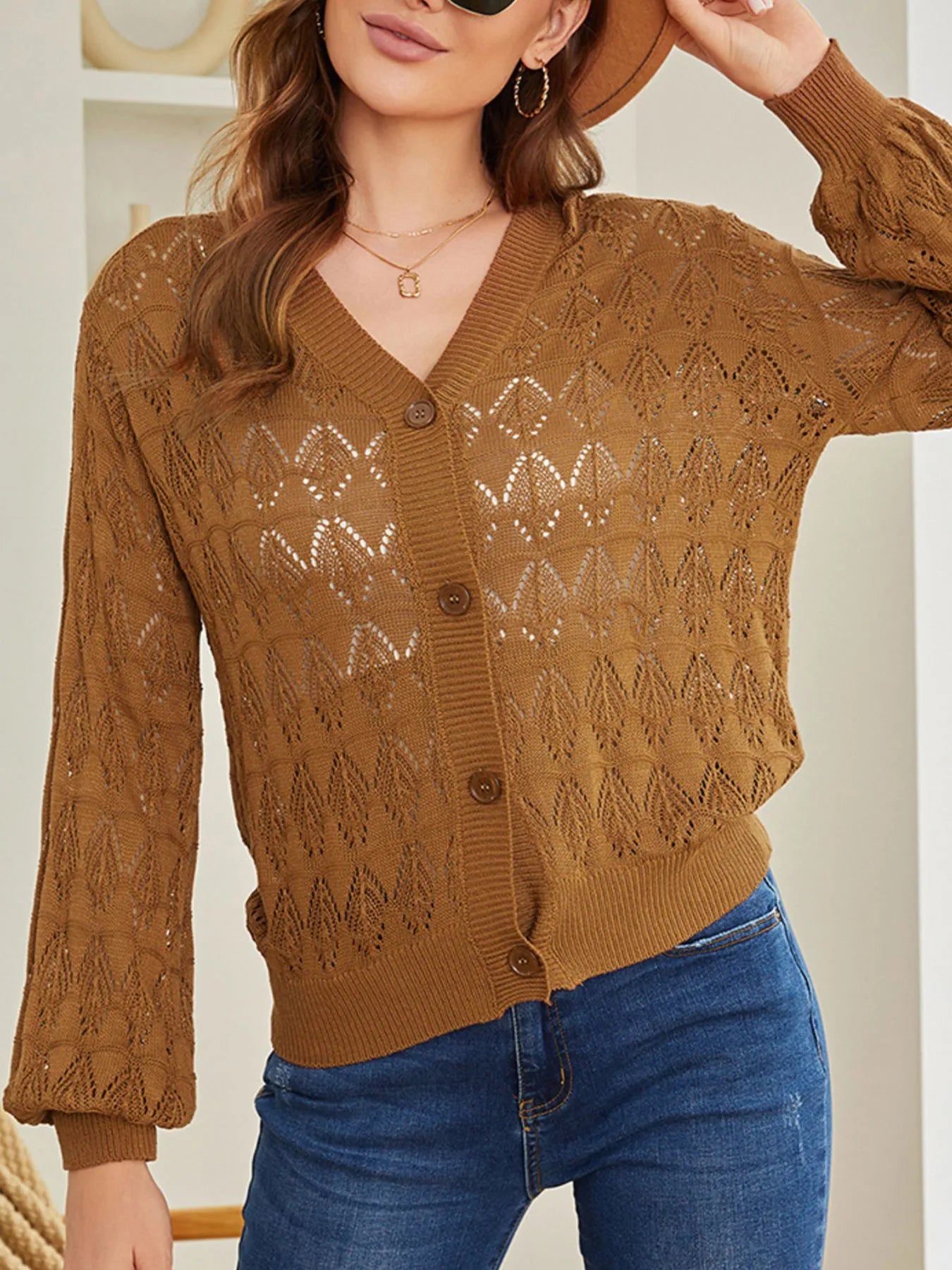 Openwork Button Up Cardigan - Tigbul's Variety Fashion Shop