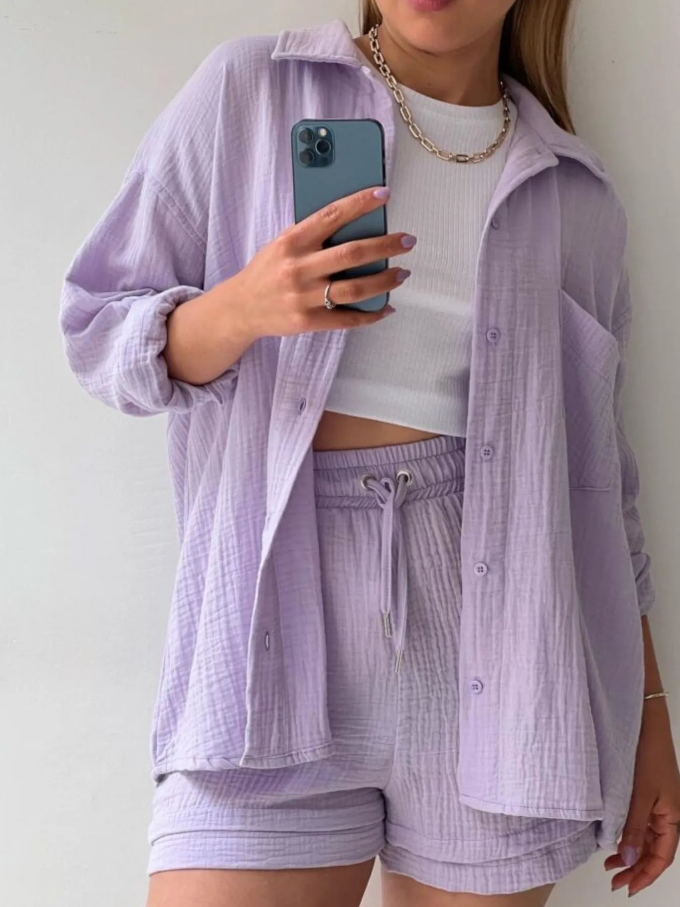 Textured Button Up Shirt and Shorts Set - Tigbul's Variety Fashion Shop