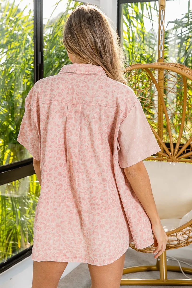 BiBi Mineral Washed Leopard Print Short Sleeve Shirt - Tigbul's Variety Fashion Shop