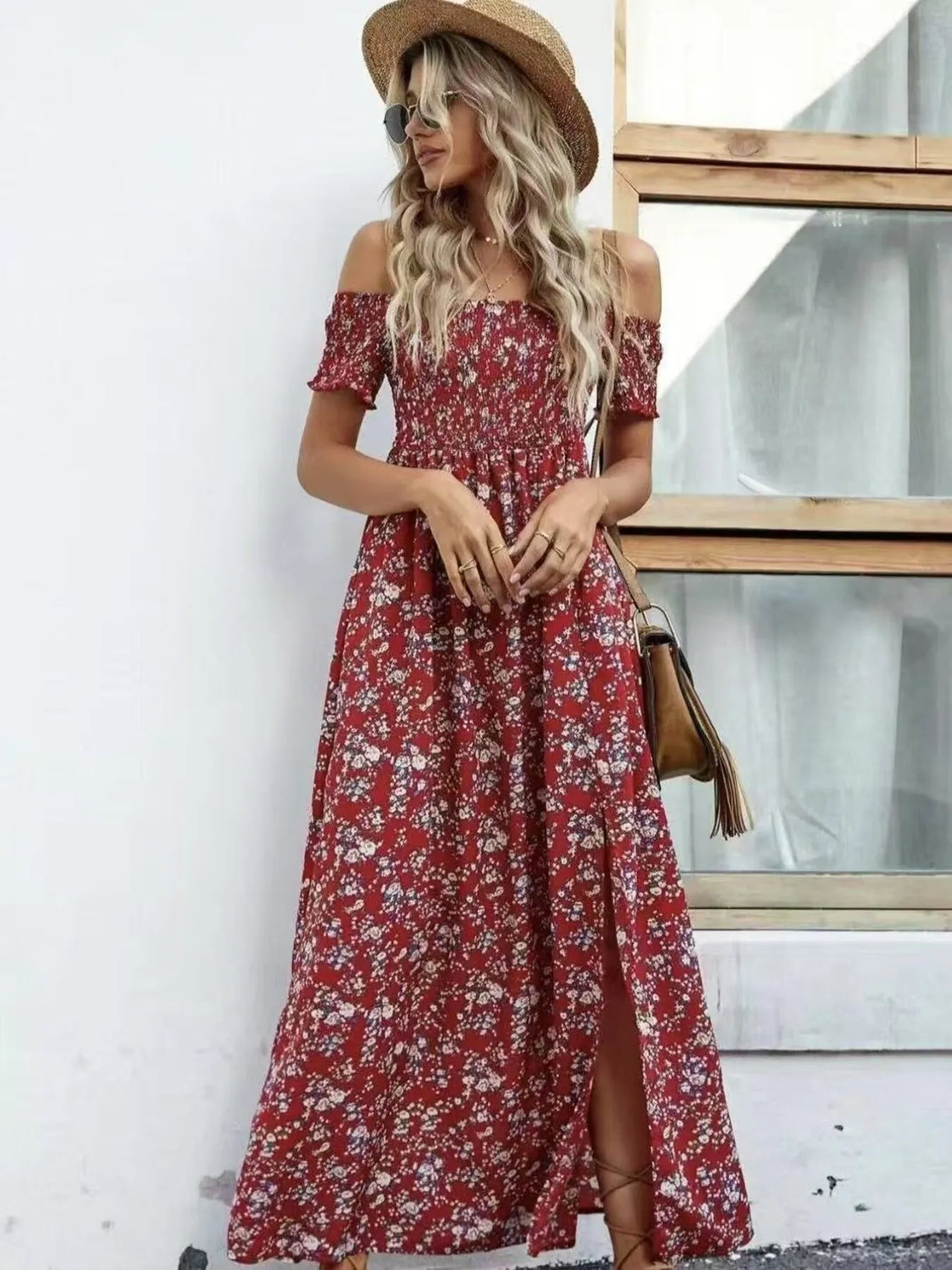 Full Size Slit Off-Shoulder Floral Midi Dress Plus Size - Tigbul's Variety Fashion Shop