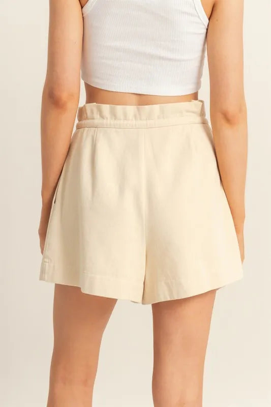 Beige High-Waisted Washed Twill Paperbag Shorts - Tigbul's Variety Fashion Shop