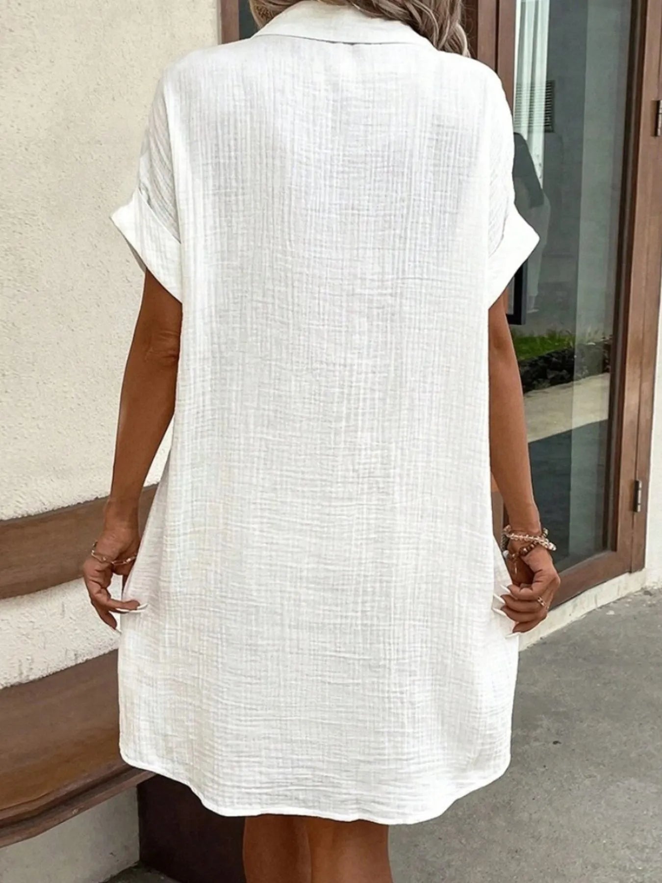 Casual Button Down Cotton Shirt Dress with Pockets - Tigbul's Variety Fashion Shop