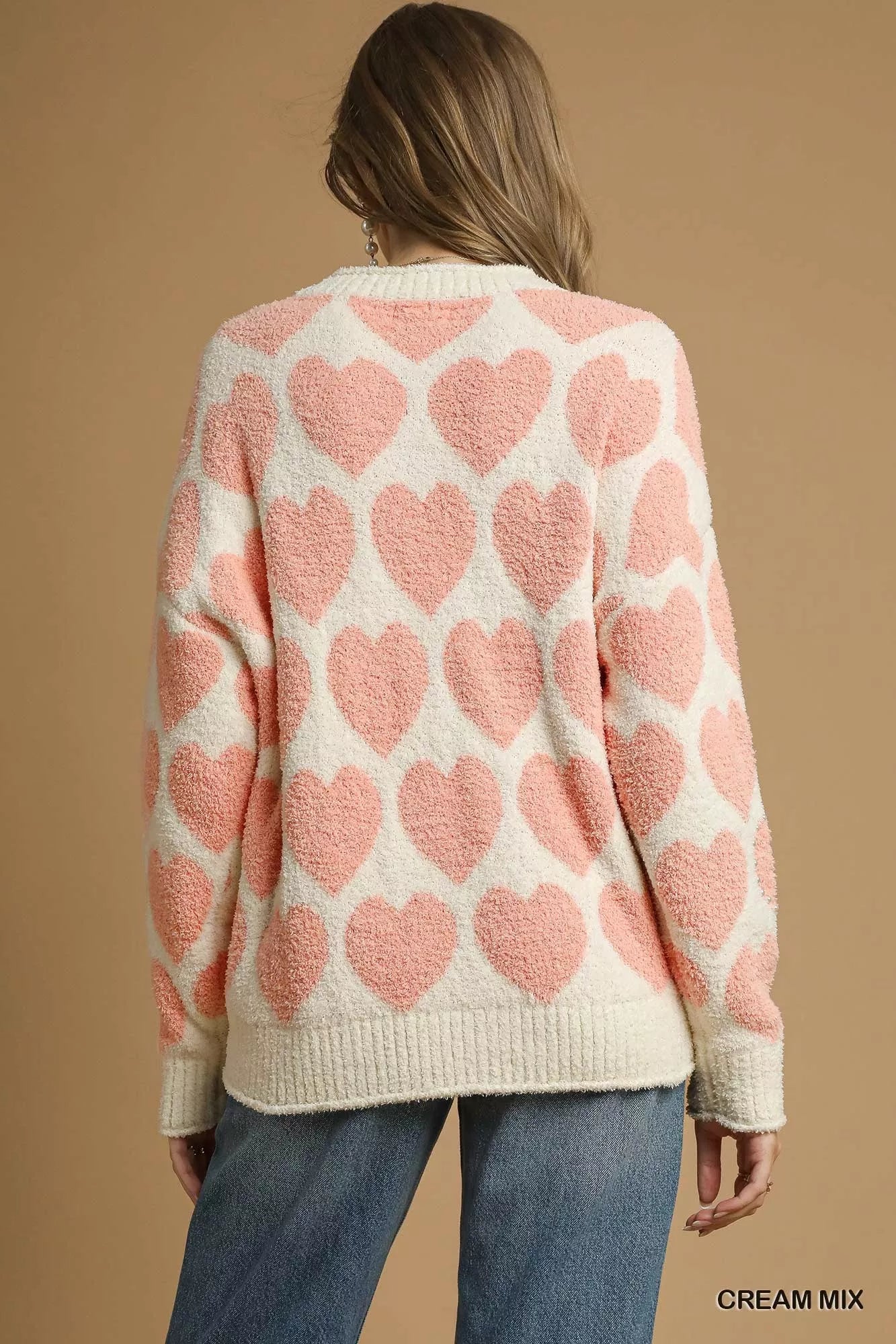 Cream Mix Color Heart Pattern Pearl Accent Sweater - Tigbul's Variety Fashion Shop