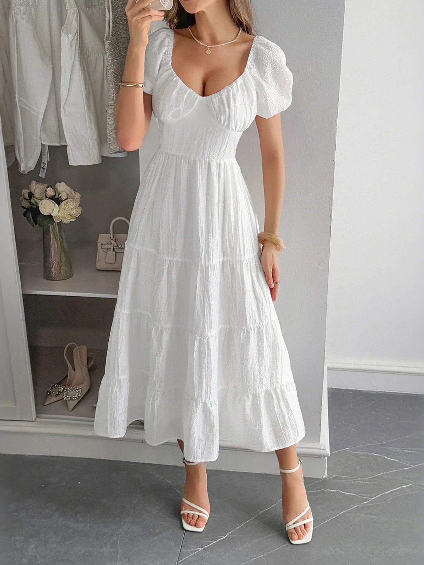 V-Neck Short Sleeve Midi Dress - Tigbul's Variety Fashion Shop