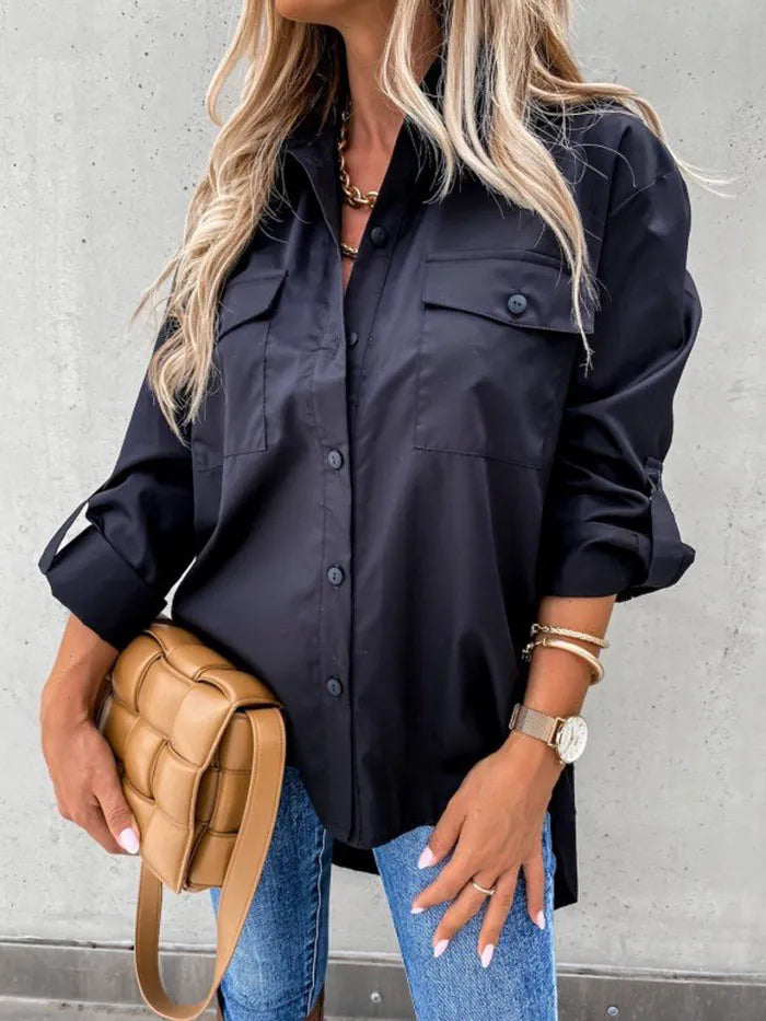 Button Up Roll-Tab Sleeve Shirt - Tigbul's Variety Fashion Shop