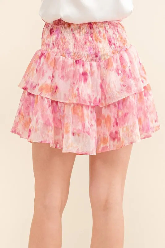Printed Lurex Smocked Waist Tiered Skort - Tigbul's Variety Fashion Shop