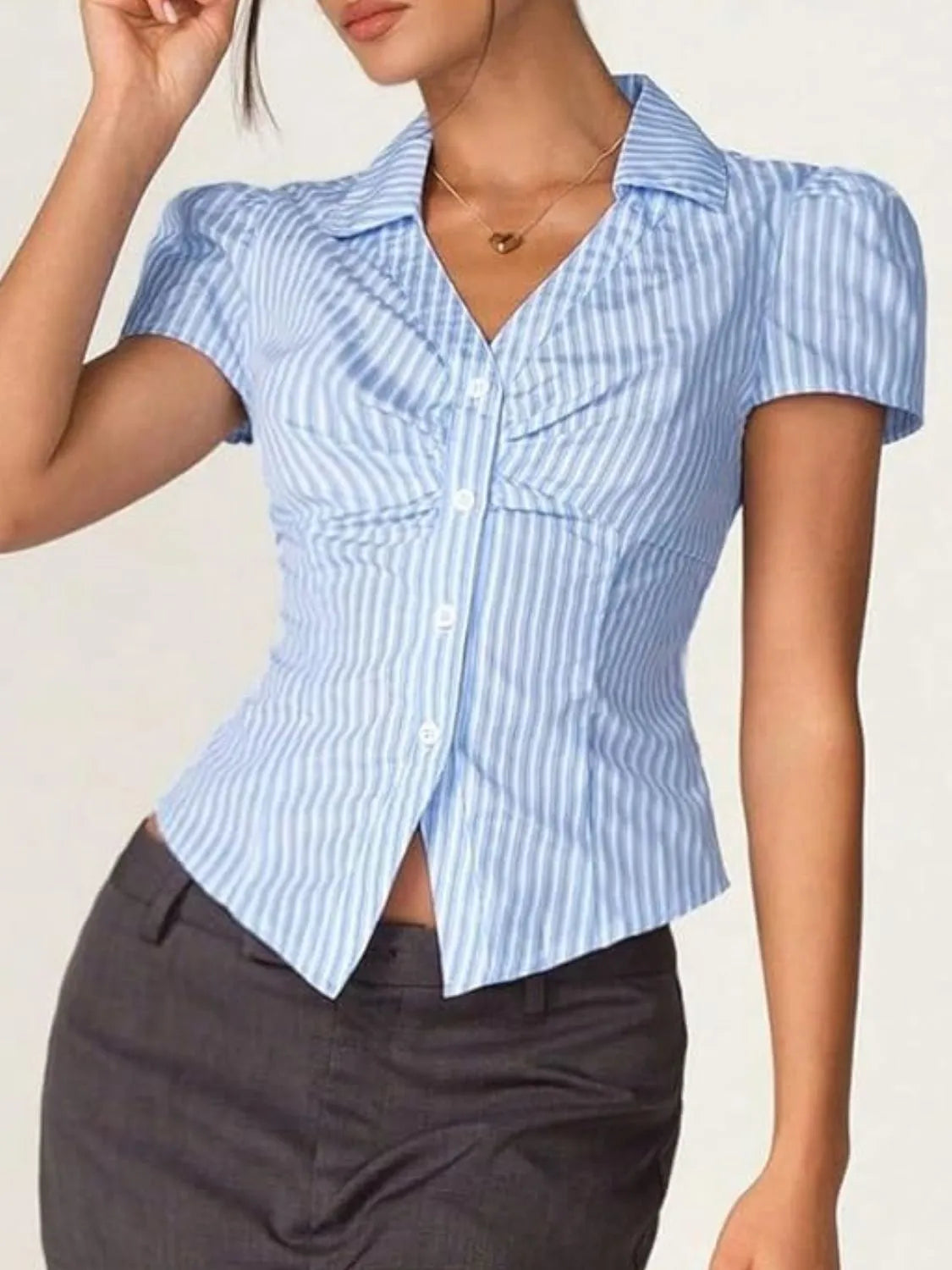 Striped Collared Neck Short Sleeve Shirt - Tigbul's Variety Fashion Shop