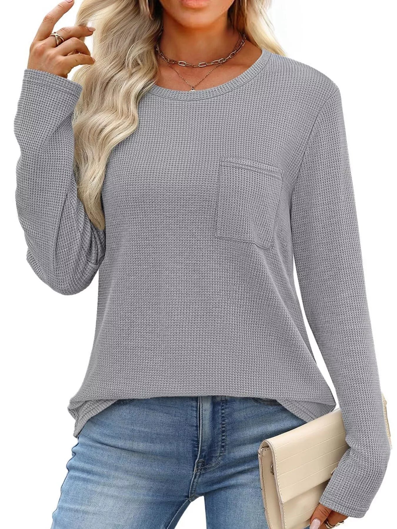 Waffle Knit Long Sleeve Pocket T-Shirt - Tigbul's Variety Fashion Shop