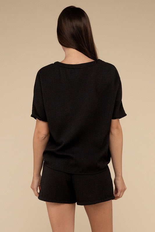 Waffle Round Neck Top and Short Set - Tigbul's Variety Fashion Shop