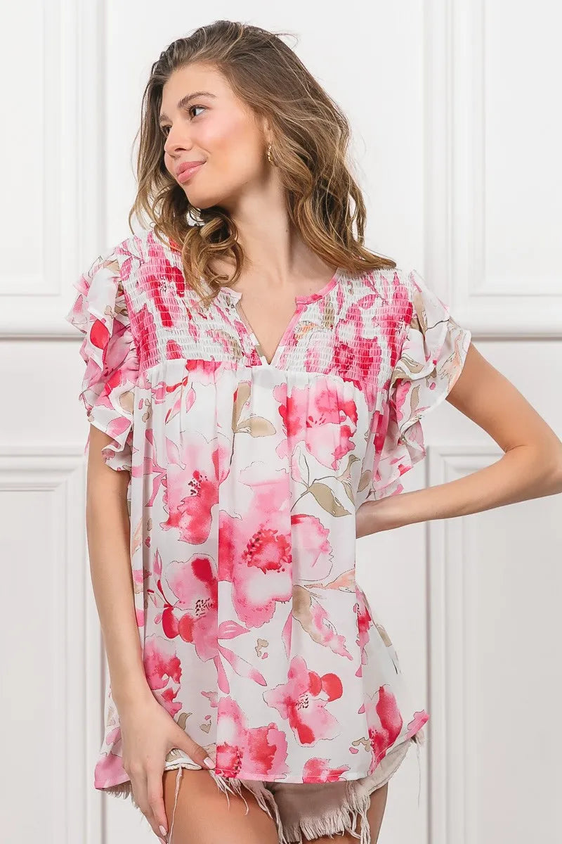 BiBi Floral Print Flutter Sheer Top - Tigbul's Variety Fashion Shop