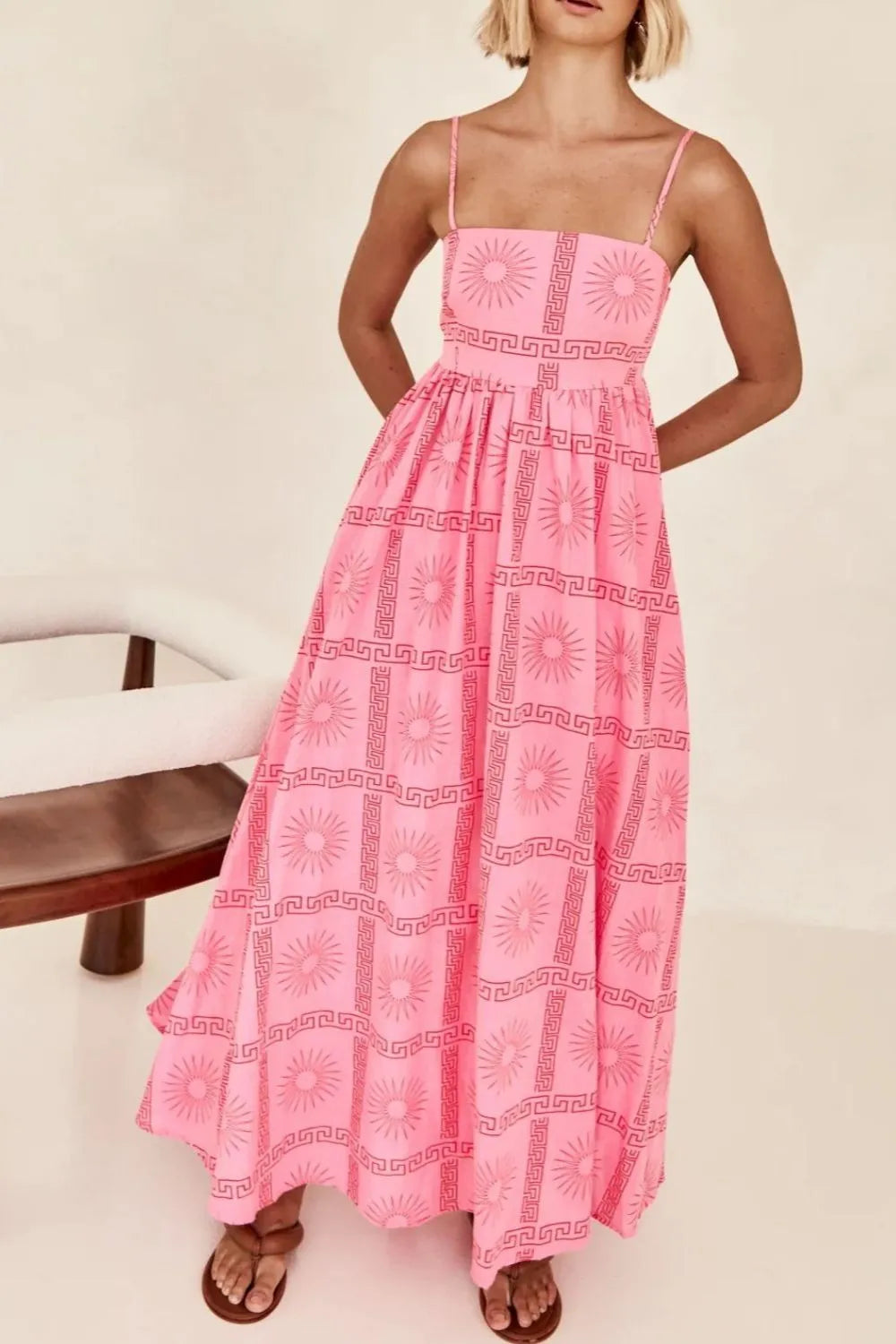 Cutout Back Printed Square Neck Maxi Cami Dress - Tigbul's Variety Fashion Shop