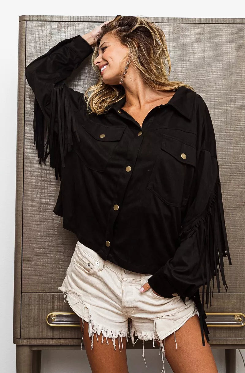 Black Suede Fringe Long Sleeve Jacket - Tigbul's Variety Fashion Shop