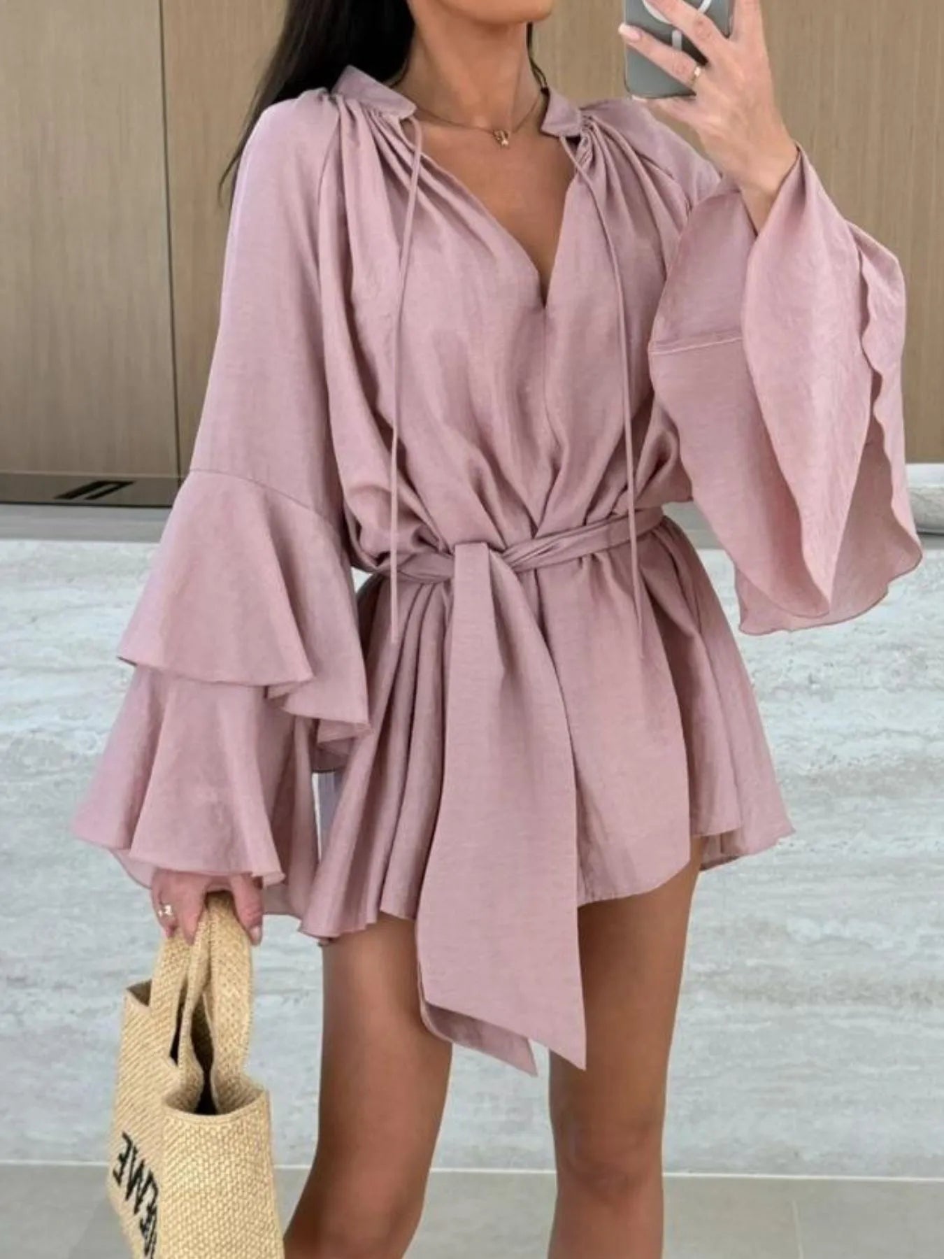 Bell Sleeve Tie Waist Mini Shirt Dress - Tigbul's Variety Fashion Shop