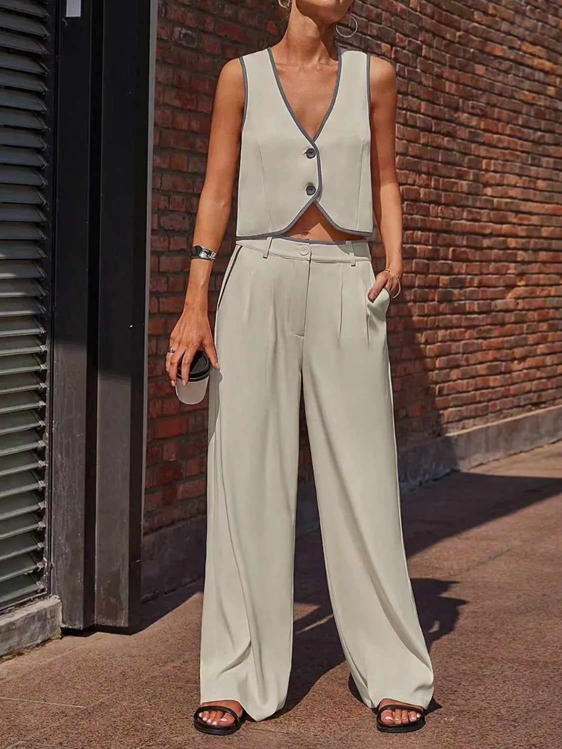Beige V-Neck Vest and Pants Set - Tigbul's Variety Fashion Shop