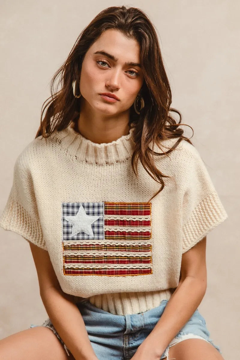 BiBi American Flag Patchwork Drop Shoulder Sweater - Tigbul's Variety Fashion Shop