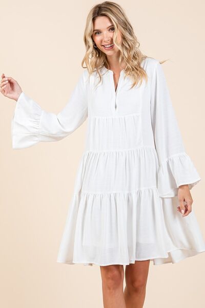 Ivory Tiered Notched Flare Sleeve Dress - Tigbul's Variety Fashion Shop