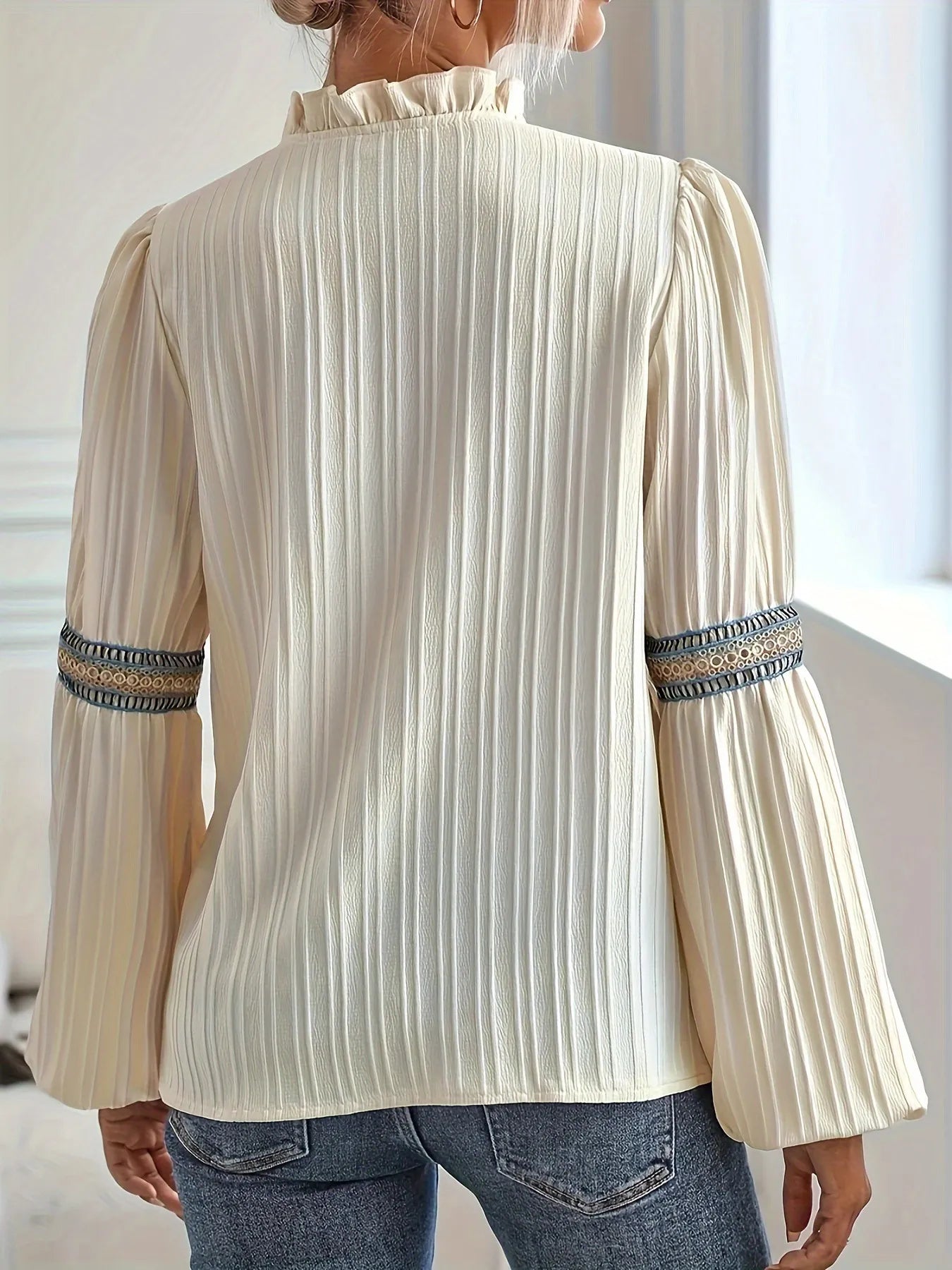 Notched Textured Balloon Sleeve Blouse - Tigbul's Variety Fashion Shop