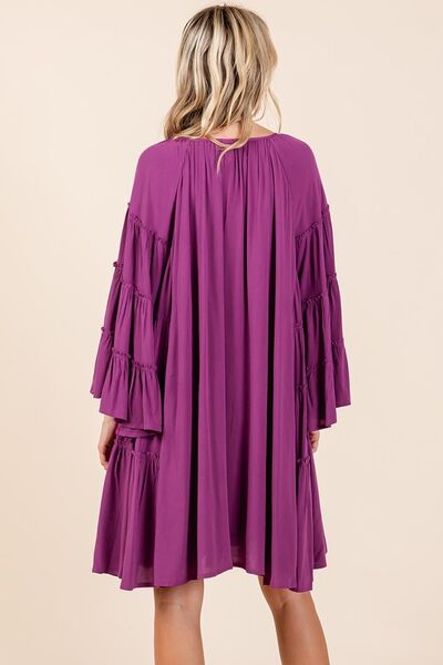 Red-Violet Frill Tie Neck Bell Sleeve Dress - Tigbul's Variety Fashion Shop