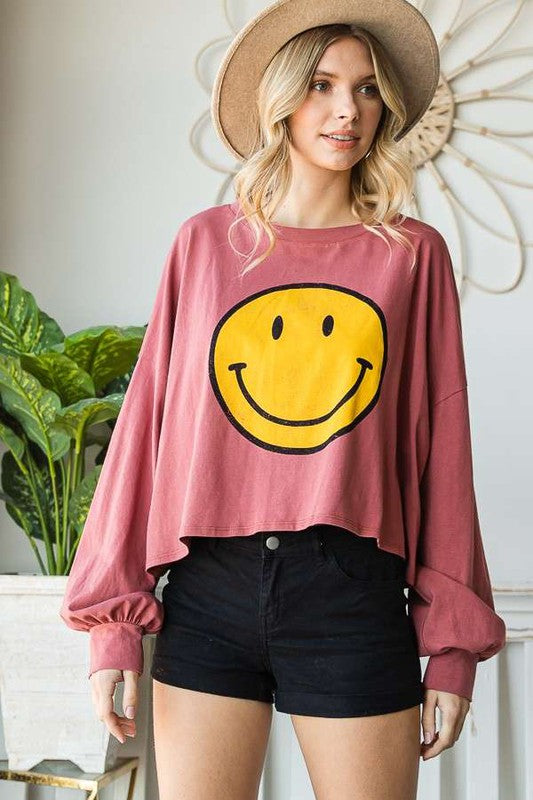SMILEY FACE LONG SLEEVE CROP TOP - Tigbul's Variety Fashion Shop