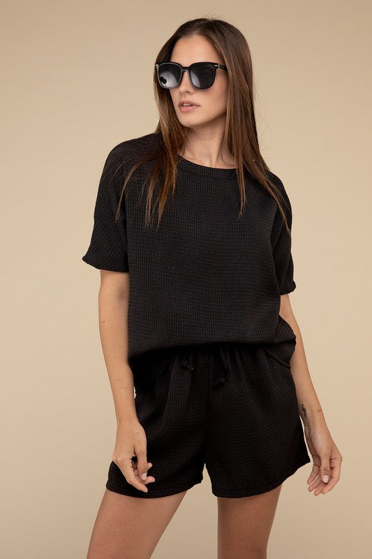 Waffle Round Neck Top and Short Set - Tigbul's Variety Fashion Shop