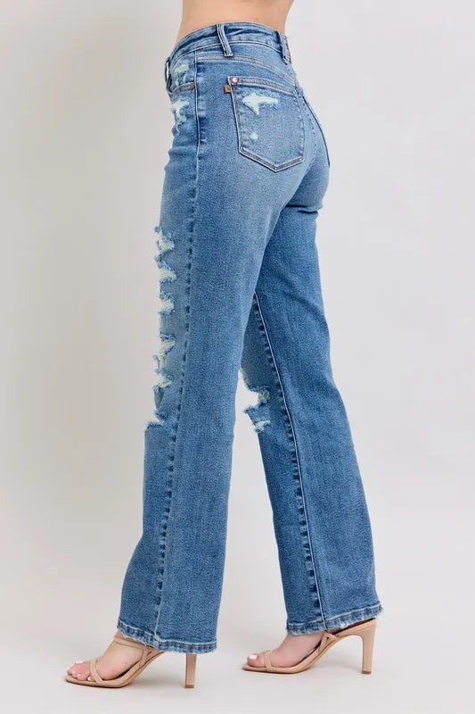 Judy Blue Full Size High Waist Heavy Destroy Straight Jeans Plus Size - Tigbul's Variety Fashion Shop