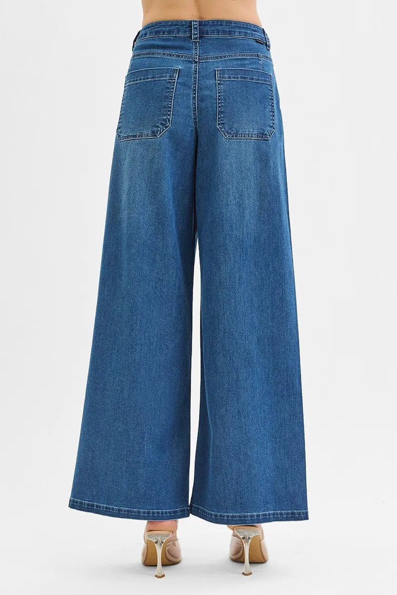RISEN Mid Rise Fit Wide Leg Knit Denim Look Jeans - Tigbul's Variety Fashion Shop