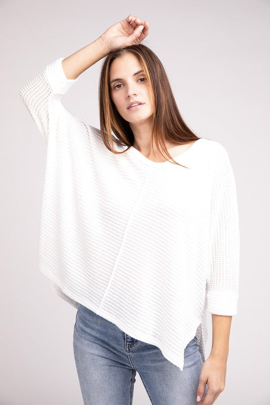3/4 Sleeve V-Neck Hi-Low Hem Jacquard Sweater - Tigbul's Variety Fashion Shop