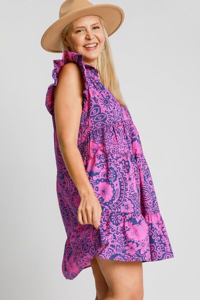 Navy/Pink Printed Ruffle Cap Sleeve Babydoll Dress - Tigbul's Variety Fashion Shop