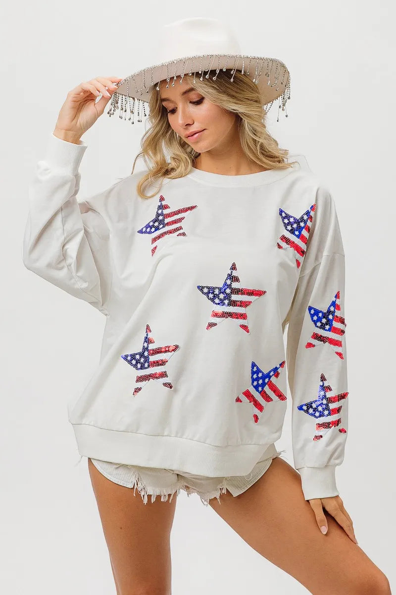 Off White American Flag Sequin Star Sweatshirt - Tigbul's Variety Fashion Shop