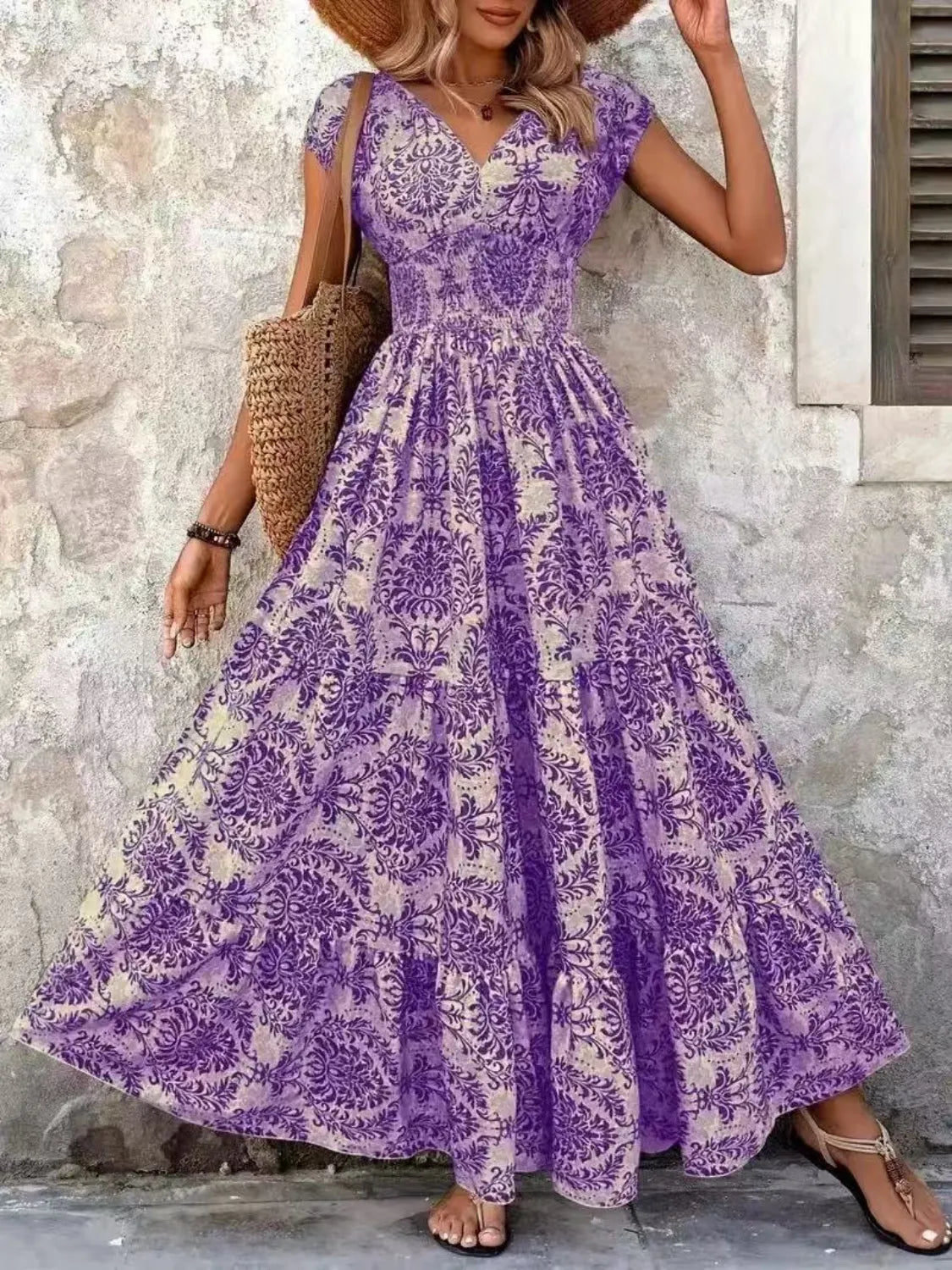 Vintage Floral Cap Sleeve Maxi Dress - Tigbul's Variety Fashion Shop