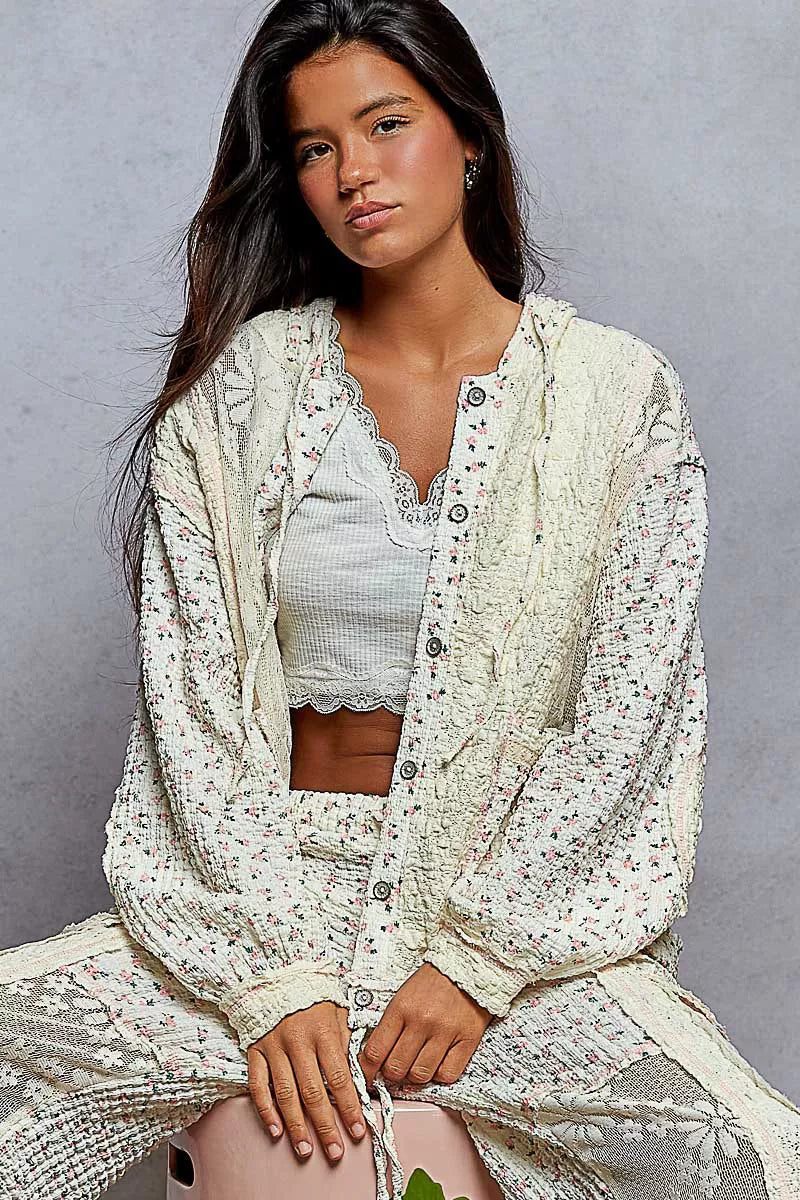 POL Floral Balloon Sleeve Hooded Lace Jacket with Stitch Detail - Tigbul's Variety Fashion Shop