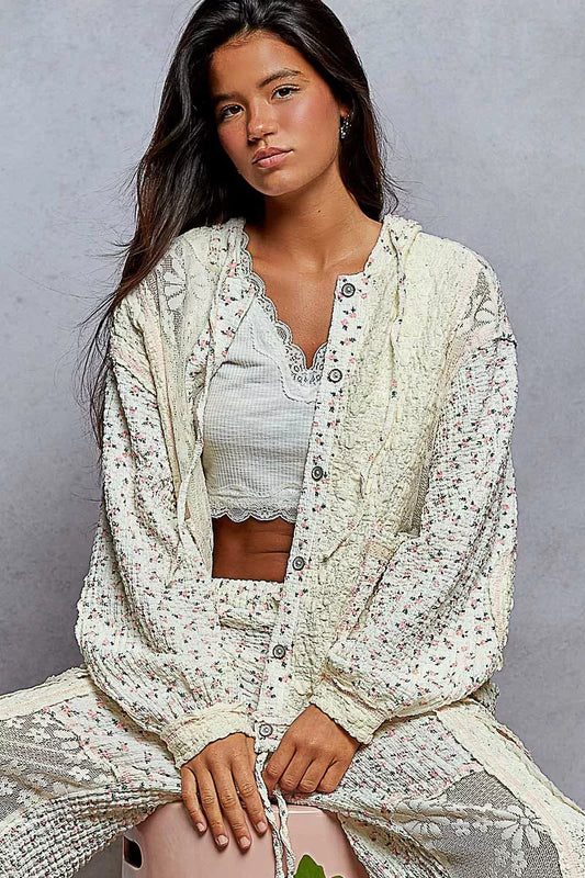 POL Floral Balloon Sleeve Hooded Lace Jacket with Stitch Detail - Tigbul's Variety Fashion Shop