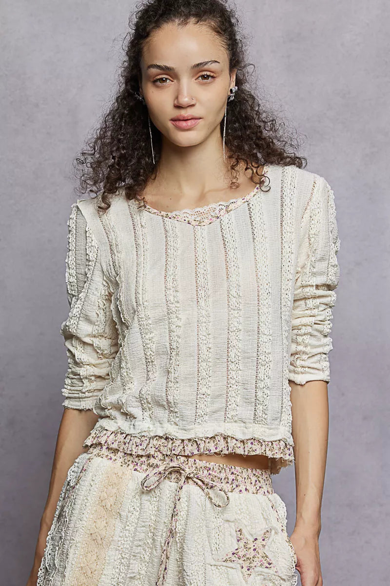 POL Texture Long Sleeve Blouse with Floral Ruffled - Tigbul's Variety Fashion Shop