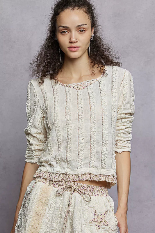 POL Texture Long Sleeve Blouse with Floral Ruffled - Tigbul's Variety Fashion Shop