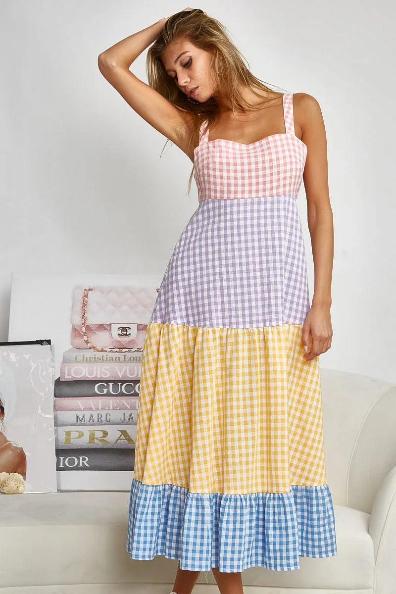 Color Block Tiered Gingham Dress - Tigbul's Variety Fashion Shop