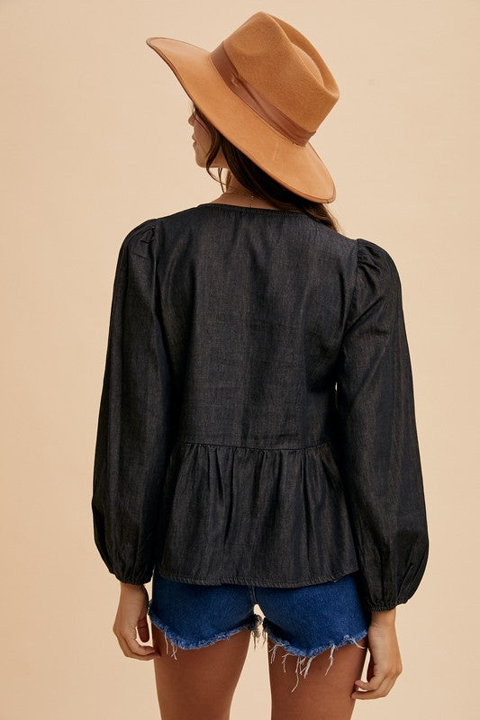 Black Tie Front Peplum Long Sleeve Denim Top - Tigbul's Variety Fashion Shop