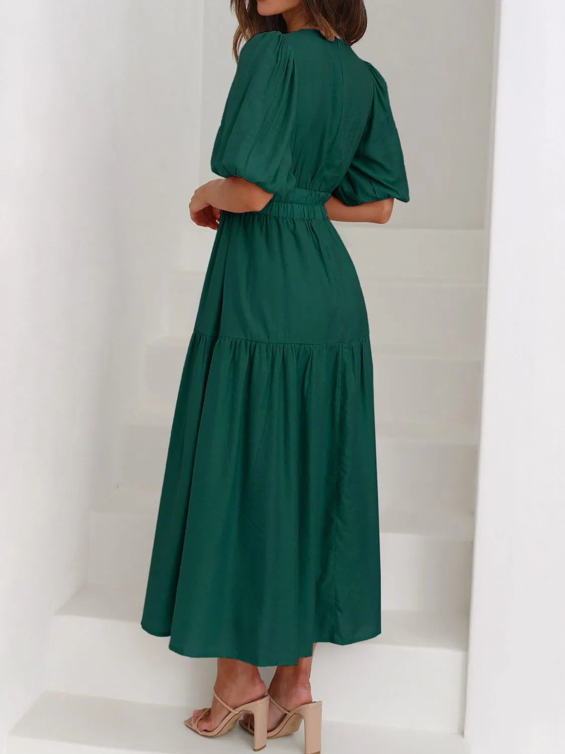 V-Neck Puff Sleeve Midi Dress - Tigbul's Variety Fashion Shop