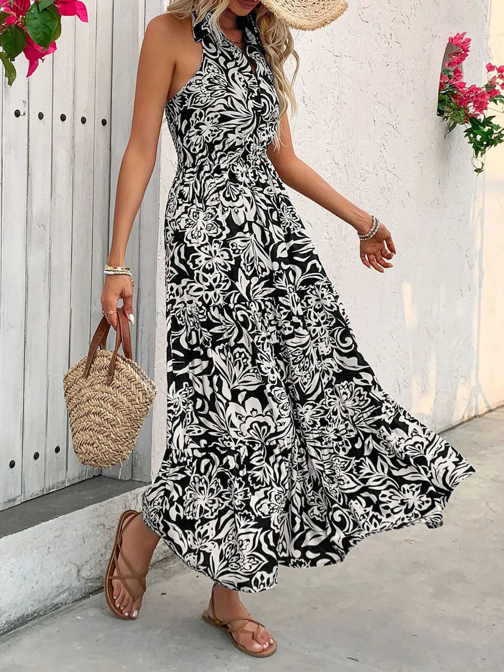 Backless Smocked Printed Sleeveless Black Midi Dress - Tigbul's Variety Fashion Shop