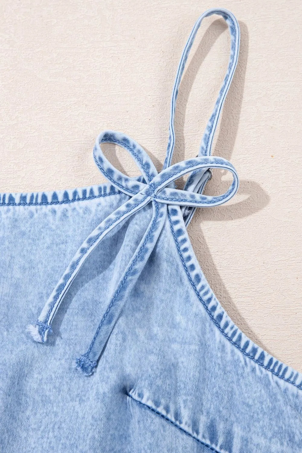 Bow Detail Spaghetti Straps Ruffle Hem Blue Denim Dress - Tigbul's Variety Fashion Shop
