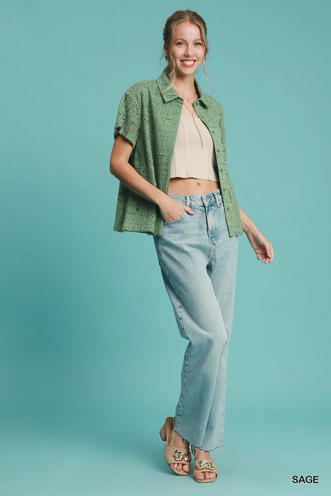 Umgee Patch Lace Short Sleeve Button Down Shirt - Tigbul's Variety Fashion Shop