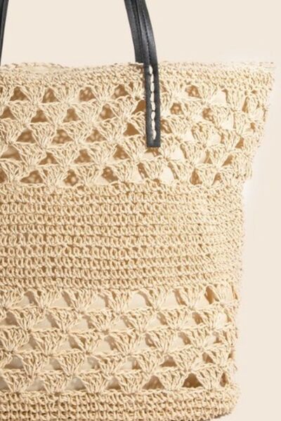 Tan Faux Leather Handle Knitted Tote Bag - Tigbul's Variety Fashion Shop